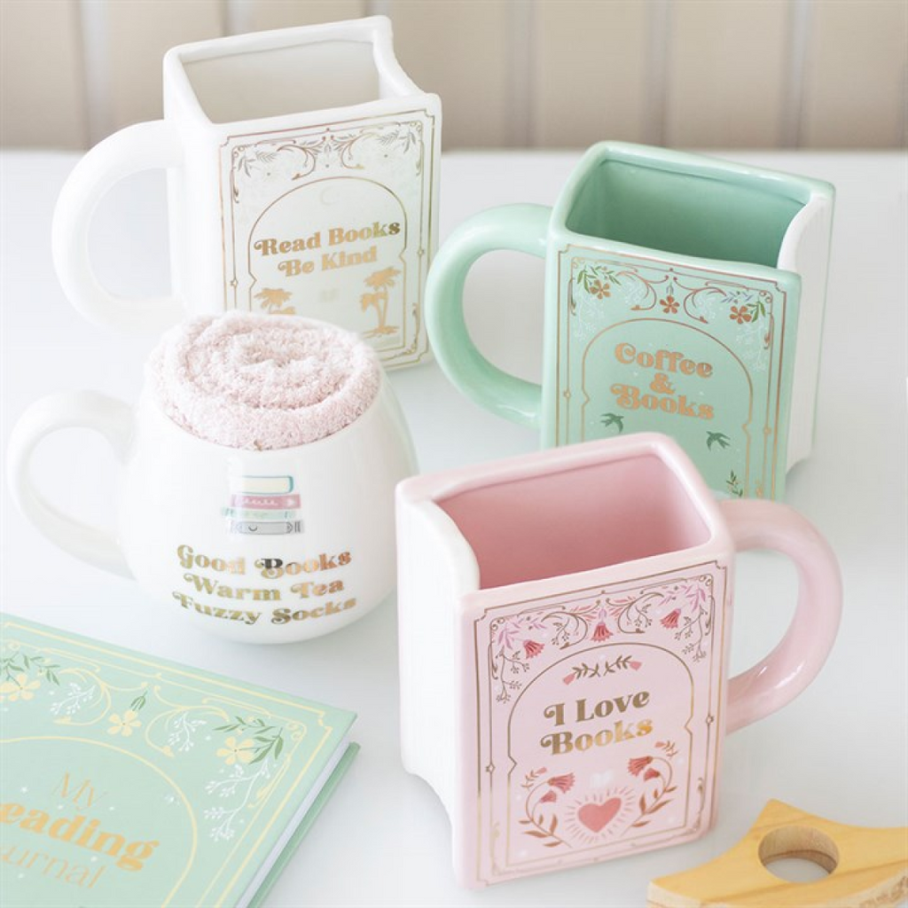 Read Books Be Kind White Book Shaped Mug